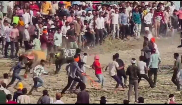 दौड़ते हुए पाड़े ने भीड़ को खदेड़ा। 